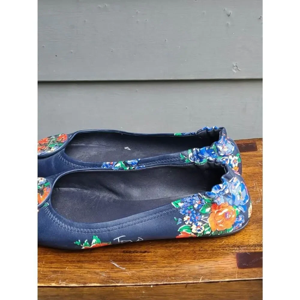 Tory Burch Navy and Red Floral Leather Ballet Flats size 8